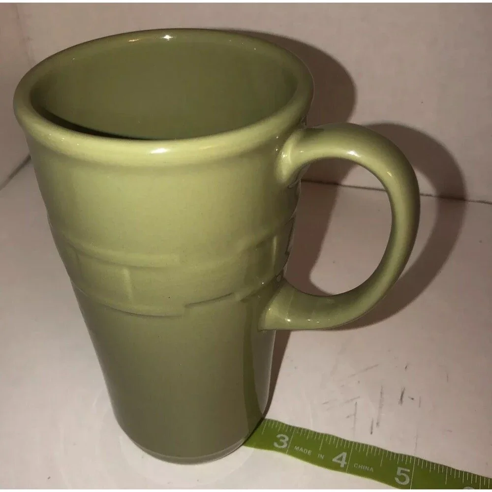 Longaberger Vitrified Pottery Green Coffee Mug Basket Weave Design 6 1/4